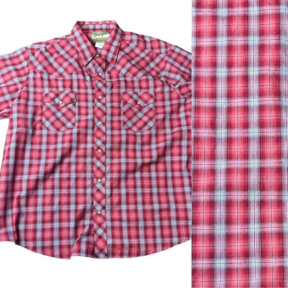 Wrangler Western Pearl Snap Plaid Short Sleeve Shirt Size 2XL Red Blue White - Picture 1 of 6